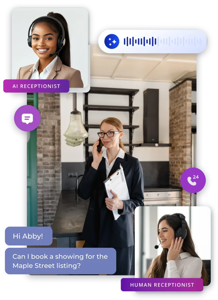 Real estate agent on a phone call in a listing, framed by Abby’s AI and Human receptionist cards and chat bubbles