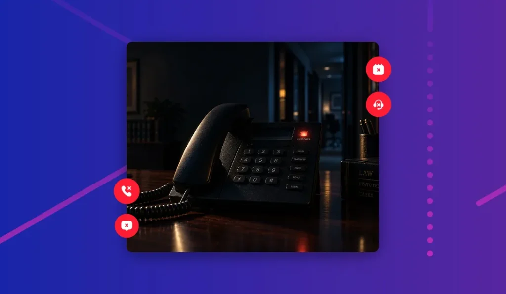 Desk phone in a dark law office at night with missed call and unread message alerts