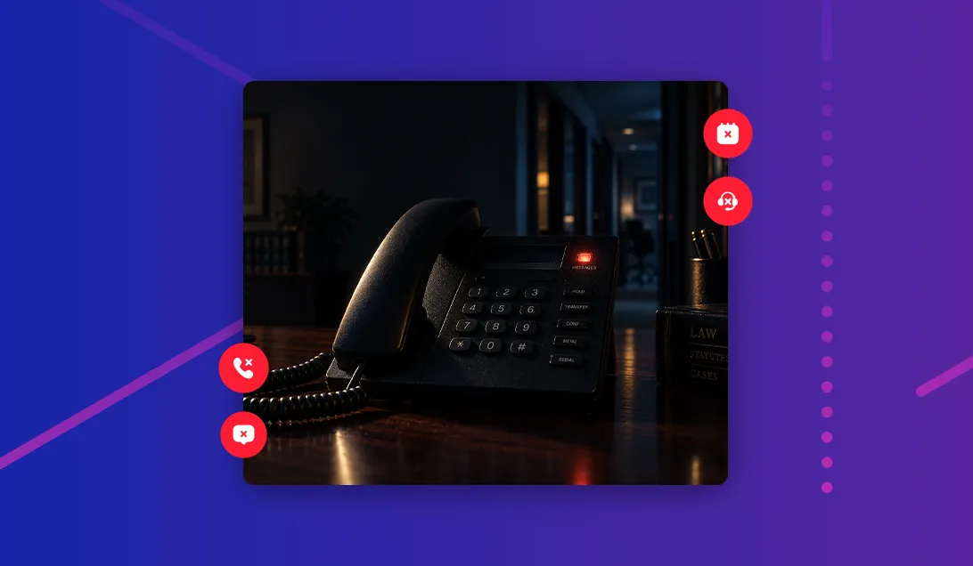 Desk phone in a dark law office at night with missed call and unread message alerts