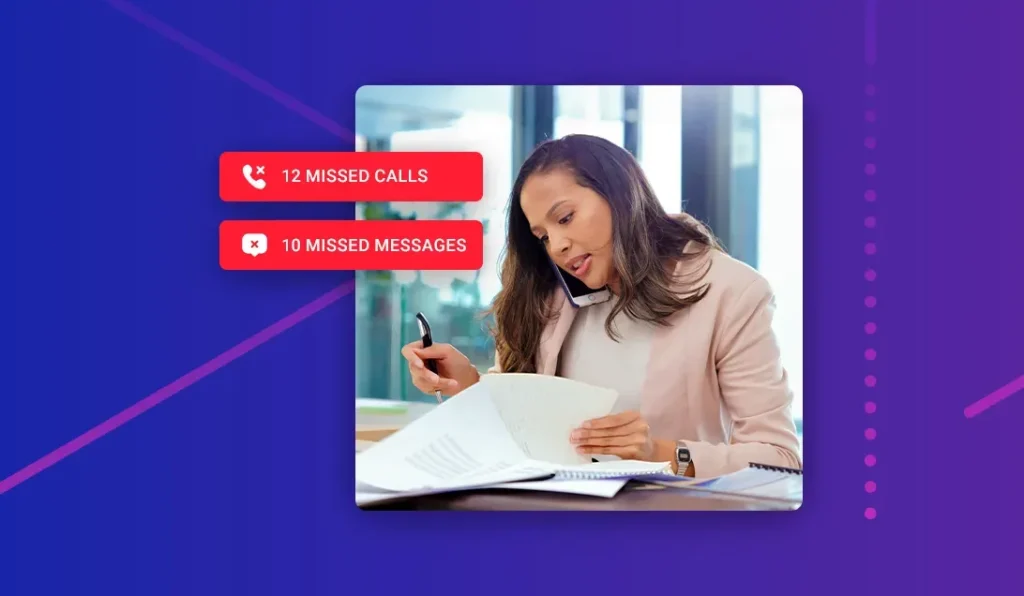 Woman on a phone call at a law office desk reviewing documents, next to alerts showing 12 missed calls and 10 missed messages