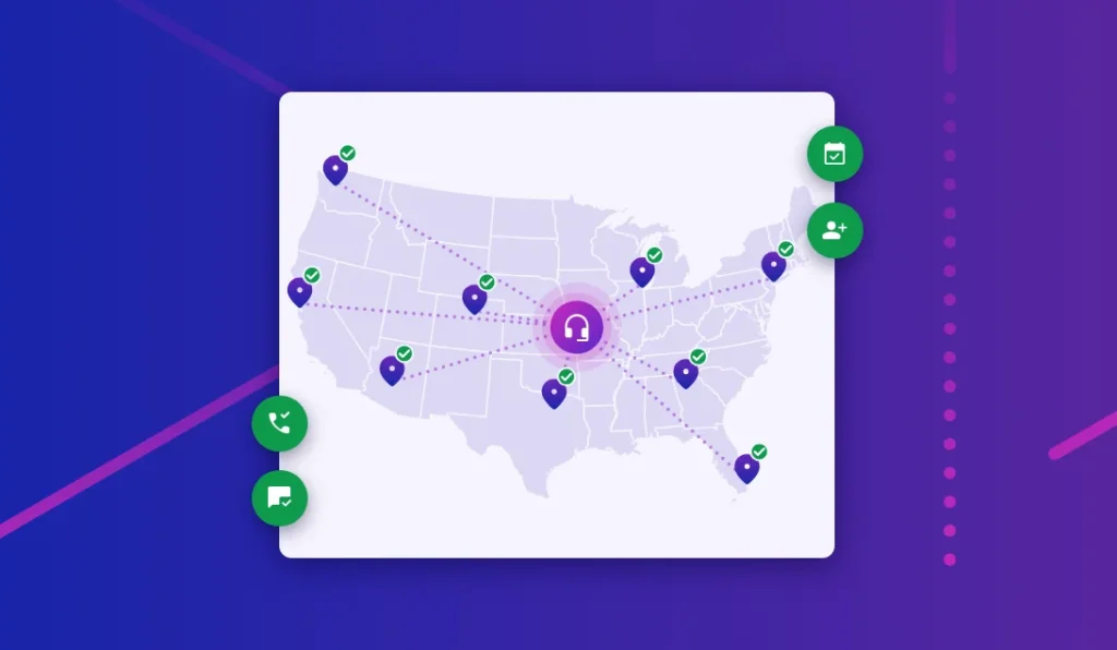 Illustration: a U.S. map with franchise locations connected to one central receptionist hub