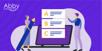 Illustration of two people standing near a giant laptop, one holding a large pencil, next to a list labeled A, B, and C—showcasing Outsourcing Examples. Abby Connect logo appears in the top left corner on a purple background.