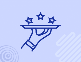 A minimalist illustration of a hand holding a tray with three stars above it, symbolizing excellent service or high quality, on a light purple background with abstract shapes.