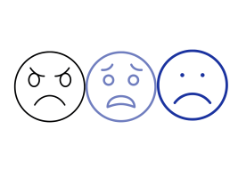 Three simple line-drawn faces: one angry with furrowed brows, one worried or scared with wide eyes and a frown, and one sad with a downturned mouth and small, neutral eyes.
