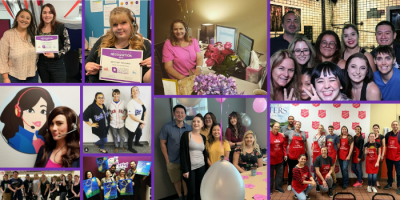 A collage of diverse people smiling at work, holding certificates, posing in groups, wearing red aprons, attending meetings, and celebrating, with a purple border and lively atmosphere that reflects a Better Work Culture.