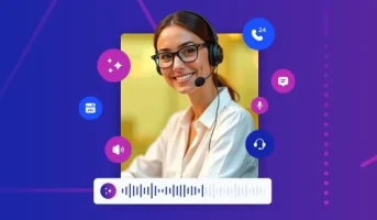 Friendly woman wearing a headset, surrounded by communication icons and sound wave graphics on a vibrant purple and blue background.