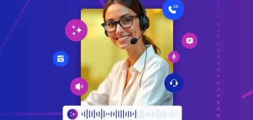 Friendly woman wearing a headset, surrounded by communication icons and sound wave graphics on a vibrant purple and blue background.