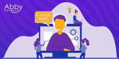 An illustration of a person with a headset on a computer screen saying, AI, AT YOUR SERVICE. Two smaller people interact with the screen; one sits on top with a laptop. Abby Connect logo is in the top left corner.