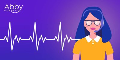 Illustration of a woman with long blue hair and glasses wearing a headset and yellow shirt, with a white heartbeat line in the background and Abby Connect logo in the top left corner on a purple gradient.