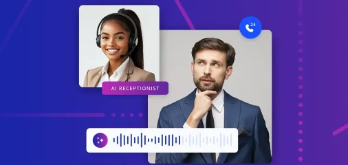 A man looks at a picture of a receptionist wondering if AI can answer phone calls professionally.