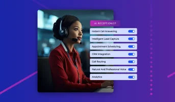A woman sits in profile with a checklist of features for choosing the best AI answering service.
