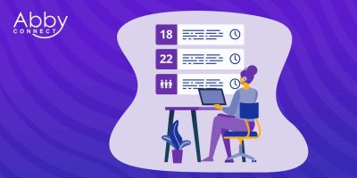 Illustration of a person sitting at a desk using a laptop, with three data cards showing numbers, text, and icons on a purple background. “Abby Connect” Virtual Receptionist logo appears in the top left corner.