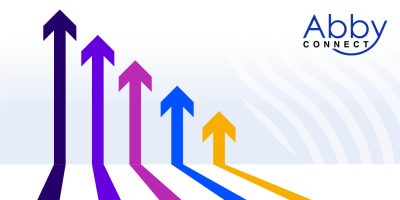 Five upward-pointing arrows in different colors with matching shadows symbolize growth or progress. The Abby Connect logo appears in the upper right corner, highlighting their Virtual Receptionist service.