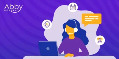 Illustration of a woman with a headset using a laptop, surrounded by icons for 24/7 service, calendar, and user profile, with the Abby Connect logo in the top left corner on a purple background.