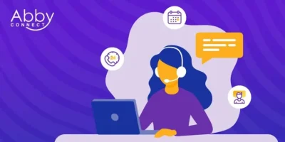 Illustration of a woman with a headset using a laptop, surrounded by icons for 24/7 service, calendar, and user profile, with the Abby Connect logo in the top left corner on a purple background.