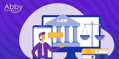 Illustration of a person with a headset on a smartphone screen, a computer displaying a courthouse labeled LAW, scales of justice, and law books, with Abby Connect logo in the corner on a purple background.