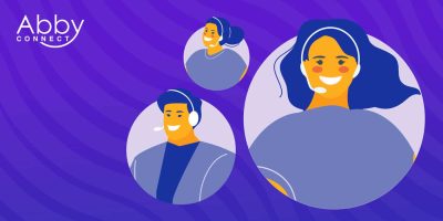 Illustration of three smiling customer service representatives wearing headsets, each in a circular frame, on a purple wavy background with the text Abby Connect in the top left corner.