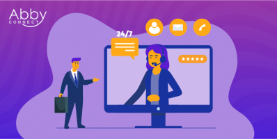 An illustration of a businessperson with a briefcase standing next to a computer screen displaying a female customer service representative with a headset, surrounded by communication icons and a 24/7 chat bubble.