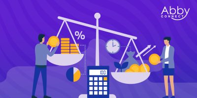 Illustration of two people balancing a scale with coins, clock, plant, and calculator, representing financial management and Better Customer Service. The purple background features Abby Connect in the top right corner.