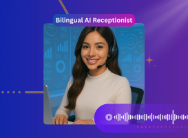 A woman wearing a headset smiles at her desk with data charts in the background. A soundwave graphic and the label “Bilingual AI Receptionist” highlight advanced, multilingual support amid blue and purple gradient accents.