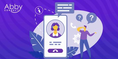Illustration of a smartphone screen showing a customer service representative with a headset, speech bubbles, and a confused person standing next to question marks, on a purple background with Abby Connect logo.