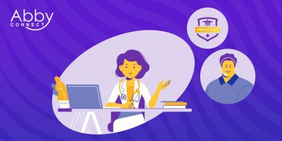 Illustration of a female doctor at a desk with a laptop and medical books. A male figure and an HIPAA Compliant badge are shown in circles. The Abby Connect logo is in the top left on a purple patterned background.