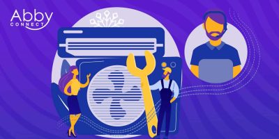 Illustration of two people communicating, one in front of large web browser windows with gears and a wrench, the other wearing a headset, with Abby Connect logo in the top left corner on a purple background.