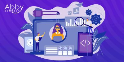 Illustration of people working with technology: a large screen displays a womans profile, graphs, and code. Gears, charts, and devices reflect the efficiency of a software companys receptionist solution. The Abby Connect logo is in the top left corner.