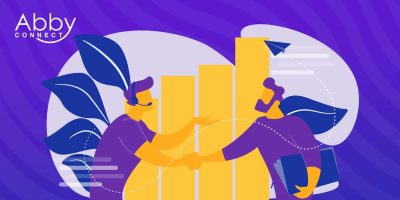 BlogPost-6-7-1 Illustration of two people shaking hands, one wearing a headset and the other holding a folder, with yellow bar charts and blue leaves in the background. Abby Connect logo is in the top left corner.