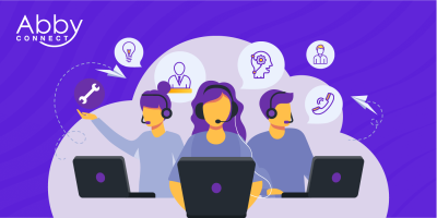 Three illustrated customer service agents with headsets work on laptops. Speech bubbles show icons for tools, ideas, networking, and calls. Abby Connect logo appears in the top left on a purple background.