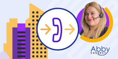 Illustration of office buildings, a phone icon with arrows, and a smiling woman with a headset, representing Abby Connect, a call answering service.
