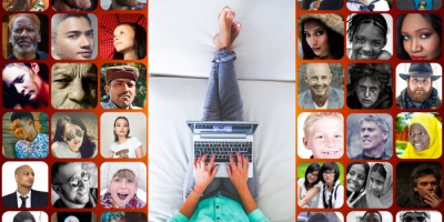 A person lies on a couch with legs up, using a laptop, surrounded by a collage of diverse faces of men, women, and children from various backgrounds and ages.