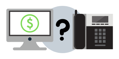 A computer monitor with a green dollar sign is next to a desk phone, separated by a large question mark in the center.