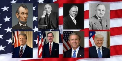 A collage of eight U.S. presidents’ portraits arranged in two rows, placed over an American flag background. The presidents include Abraham Lincoln, Harry Truman, George H. W. Bush, George W. Bush, and others.
