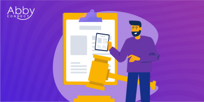 Illustration of a smiling man holding a tablet, standing next to a large clipboard with documents and a judge’s gavel, featuring the Abby Connect logo in the top left. Purple and yellow color scheme highlights how to Grow Your Law Firm.
