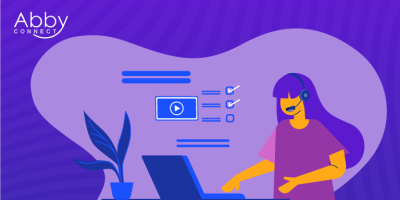 Illustration of a woman with a headset using a laptop, with digital icons and checklists on the screen. A potted plant sits beside her. Abby Connect logo is in the top left corner on a purple background.