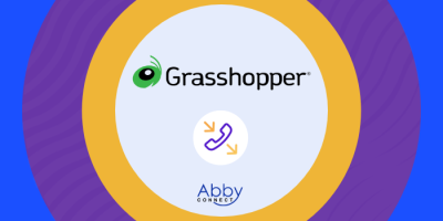 A circular graphic features the Grasshopper logo at the top center, a phone icon with arrows in the middle, and the Abby Connect logo at the bottom, all set against a blue and gold background.
