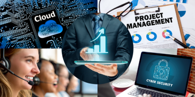 A collage showing cloud computing, project management charts, customer support representatives with headsets, a person holding a digital growth chart, and a laptop displaying cybersecurity graphics.