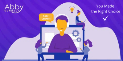 Illustration of a person with a headset on a computer screen, surrounded by people working and gear icons, with text Abby Connect and You Made the Right Choice on a purple background.