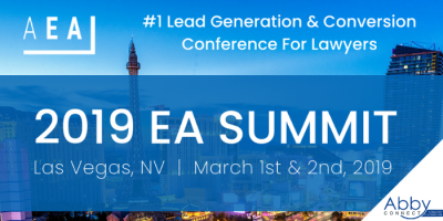 Conference banner for the 2019 EA Summit in Las Vegas, NV, held on March 1st and 2nd, 2019, for lead generation and conversion in law, with a cityscape background and Abby Connect logo.