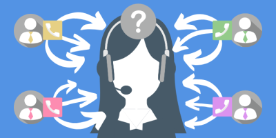 Illustration of a customer service representative with a headset surrounded by six avatars, each with a phone symbol, connected by arrows, symbolizing multiple calls and communication.