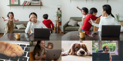 A woman works on a laptop at home while children play around her. Other images show a cat’s paw on a keyboard, a mother and child by a laptop, a dog lying down, and a man working by a window.