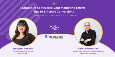 Webinar promotional graphic featuring Racquel Pankau and Alex DiSebastian. Text: 5 Strategies to Increase Your Marketing + Tips to Enhance Conversions, with event details and company logos for Abby Connect and PaperStreet.