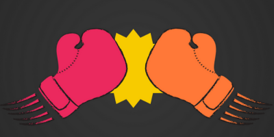 Two illustrated boxing gloves, one pink and one orange, punch each other with a yellow burst at the point of impact on a dark background.