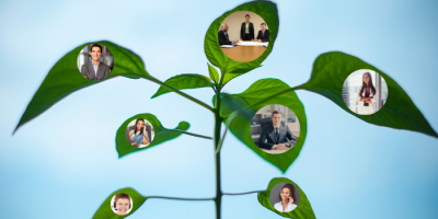 A green plant with several leaves, each containing a circular photo of a different business professional, symbolizing growth and connection among people. Blue sky is visible in the background.