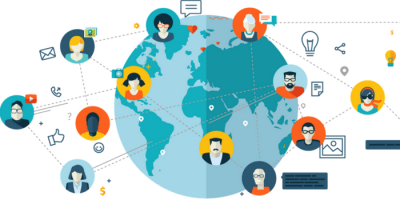 Illustration of a globe with various diverse people connected by lines and digital icons, representing global communication and online networking across different countries.