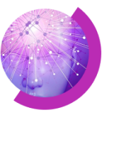 A purple and blue digital illustration of a human face with interconnected nodes and lines radiating from the forehead, symbolizing AI Receptionist Prompting Technology and neural networks, inside a semi-circular purple border.