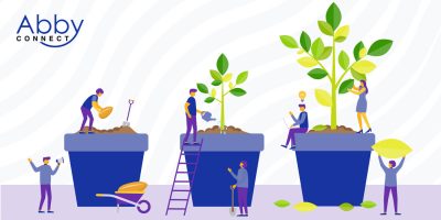 Illustration of six people tending to three large potted plants at different growth stages, symbolizing how to Grow Your Small Business. They water, add soil, and nurture the plants. The Abby Connect logo is in the top left corner.