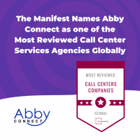 A graphic announces Abby Connect as one of the most reviewed call center services globally, featuring a purple background, the Abby Connect logo, and a 2022 Manifest Award! badge that reads Most Reviewed Call Centers Companies Global.