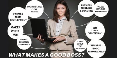 A woman in a suit holds a laptop, surrounded by bubbles listing qualities of a good boss, such as clear communication, team development, feedback, clear expectations, and valuing employees. Text reads: WHAT MAKES A GOOD BOSS?.